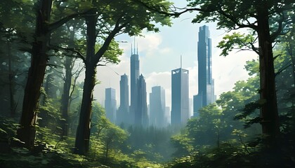 Harmonious juxtaposition of lush forest and towering skyscrapers in a tranquil urban landscape