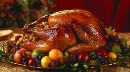 A warm red and gold background featuring a close-up of a roasted turkey with stuffing, surrounded by multicolored vegetables and fruits