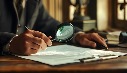 Vintage inspection of contract details with magnifying glass held by hands