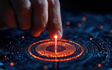 Close-up of a finger touching a glowing red circular pattern on a dark background, symbolizing technology and innovation.