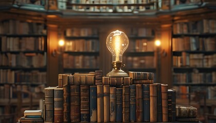 Wall Mural - Luminescent vintage light bulb illuminating wisdom atop ancient tomes in a majestic library setting