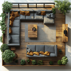 Sticker - Top view of a modern living room with a sectional sofa and a wooden coffee table.