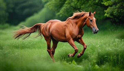 Wall Mural - Elegant bay horse galloping across vibrant green grass in serene natural setting