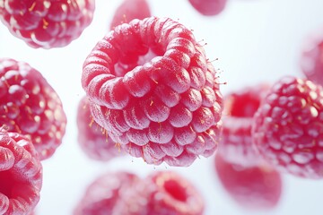 A dynamic 3D of fresh, juicy raspberries, shown in close up against a stark white background. The highlights the detailed textures and vibrant color of the raspberries with