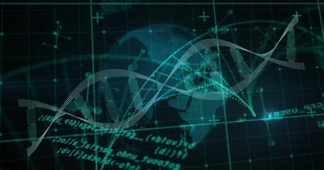 Wall Mural - Animation of scientific data processing over dna strands on dark background