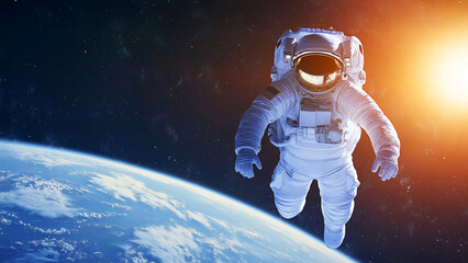 Wall Mural - astronaut floating above earth in outer space, illuminated by sunlight, with the planet’s surface vi