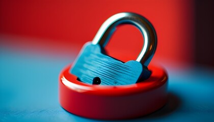 Wall Mural - Vibrant red lock symbolizing security against a dynamic blue and red backdrop