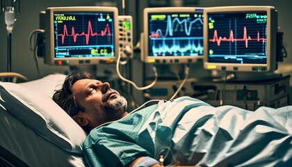 Hospital scene featuring a patient in bed with vital signs monitor displaying health data