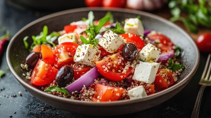 Sticker - a banner featuring a tasty mediterranean quinoa salad with feta cheese and olives to highlight the cuisine concept