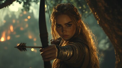 A female elf warrior with a bow and arrow, looking determined in a forest setting with a fire burning in the background.