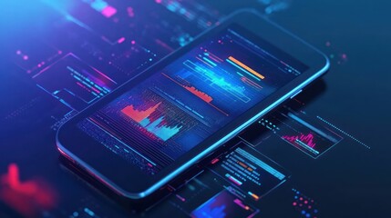 Mobile phone with digital technology business development interface application market graphic data display background wallpaper AI generated image