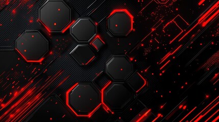 Black and red neon illuminated technology gaming hexagonal abstract cyberpunk background wallpaper AI generated image