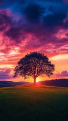 Wall Mural - Solitary tree at sunset with vibrant sky