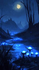 Sticker - Mystical Forest at Night with Glowing Mushrooms and a Full Moon.