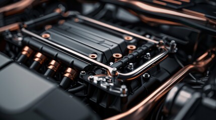 Close-up of advanced car engine components, showcasing modern automotive engineering and high-performance technology