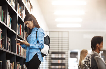 Poster - College, woman and search for book in library for education, knowledge and learning for exam. Philosophy, student and reading with information by shelf for planning, scholarship and academic material