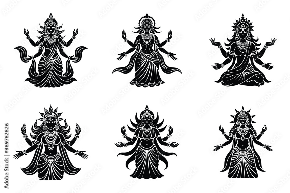 Set of Joy Ma Devi Durga Indian Hindu Goddess Silhouette Icon SVG PNG ...