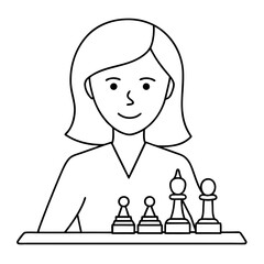 Cartoon girl playing chess with pieces for coloring on white background