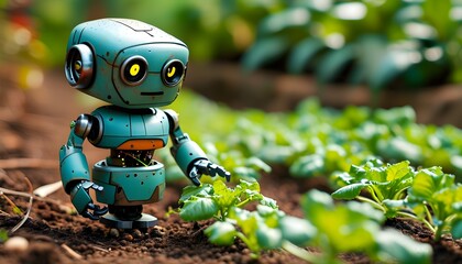 Futuristic toy robot in a vibrant botanical garden illustrating the concept of robotic farming and automated vegetable cultivation