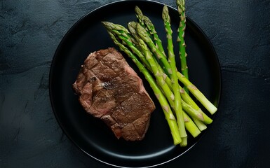 A perfectly cooked steak served with asparagus on a sleek black plate.