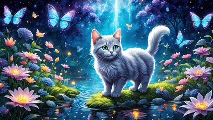 A serene scene featuring a white cat amidst vibrant flowers and butterflies by a tranquil pond.