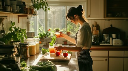 Wall Mural - A young woman prepares fresh juice with apples and herbs in a sunlit kitchen filled with plants and natural ingredients