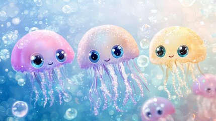 Cute pastel jellyfish characters with big eyes floating in sparkling water, creating a whimsical aquatic scene full of charm and joy.