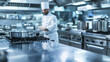 © forenna - interior of a bustling industrial kitchen, focusing on a bain-marie machine in use. The background should showcase other kitchen equipment and stainless steel surfaces, emphasizing