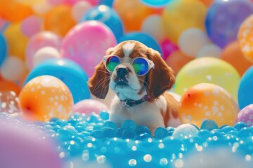 Adorable Puppy Wearing Sunglasses Surrounded by Colorful Balloons and Balls in Playful Setting