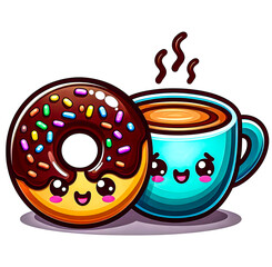 Wall Mural - A cute pairing of a chocolate doughnut and a steaming cup of coffee vector art illustration on a white background.

