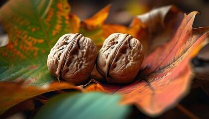 Textured walnuts nestled in vibrant autumn leaves showcasing the warm hues of the season in a serene natural environment