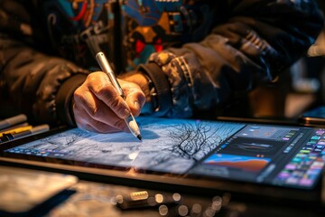 A close-up of a person drawing on a digital tablet, showcasing creativity and modern technology in artistic expression.