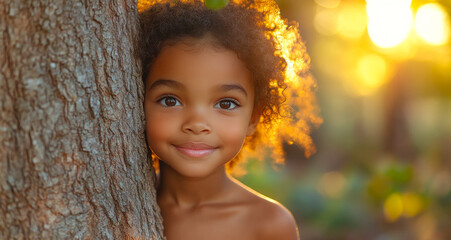 Wall Mural - A young girl with curly hair is standing behind a tree trunk. She is smiling and looking at the camera