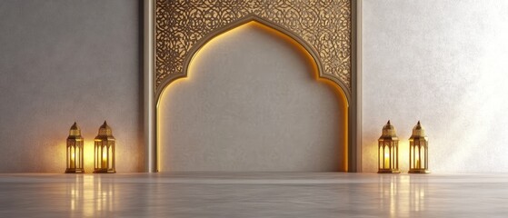 Ornate Archway with Golden Lanterns and Empty Space, Islamic Background, Muslim, Ramadhan, eid al-fitr, eid al-adha