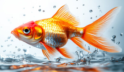 A gold and white fish is swimming in a body of water. The water is splashing and the fish is creating ripples