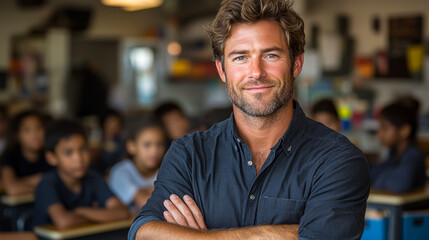 A man is standing in front of a group of children, smiling and posing for a picture. The children are sitting at desks, some of them looking at the camera. Concept of warmth and friendliness