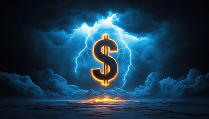 A striking depiction of a glowing dollar symbol, surrounded by dynamic lightning and dark storm clouds, symbolizing wealth and power.