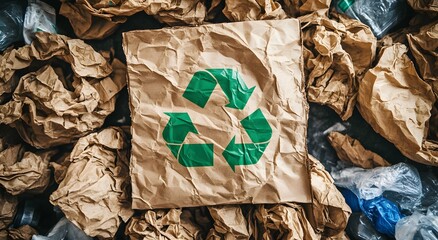 Various paper and cardboard materials marked with a recycling symbol on crumpled brown paper to promote environmental conservation and sustainable practices, environmentally friendly waste management