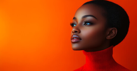 Wall Mural - A woman with short hair and a red sweater is looking at the camera. The orange background adds a warm and inviting atmosphere to the image