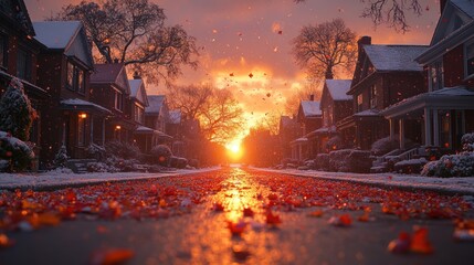 Sticker - Snow-Covered Houses with Falling Leaves and Sunset in the Background