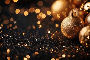 luxurious christmas decorations, shiny gold ornaments sprinkled on a dark background elevate the christmas decorations with a touch of luxury