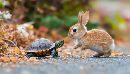 A turtle and a rabbit are standing next to each other on a sidewalk. The scene is peaceful and calm, with the two animals coexisting in harmony