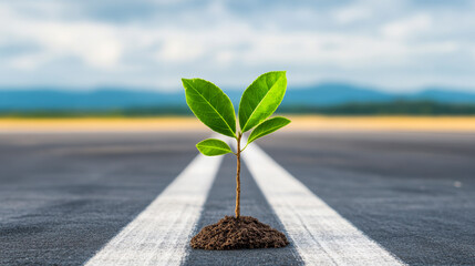 Wall Mural - A small green plant is growing in the middle of a road. The road is empty and the sky is cloudy. Concept of hope and growth, as the plant is a symbol of life and new beginnings