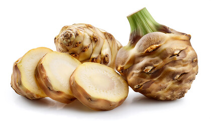 Sliced and whole Jerusalem artichokes isolated on a white background, ideal for culinary, vegetable, and food themes