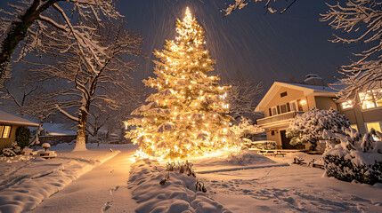 Wall Mural - christmas tree in the snow with lights