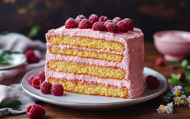 Wall Mural - A slice of cake with pink frosting and raspberries on top. The cake is cut into four pieces and is sitting on a white plate