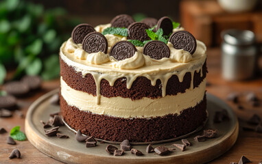 A chocolate cake with chocolate chips and mint leaves on top. The cake is sitting on a wooden plate