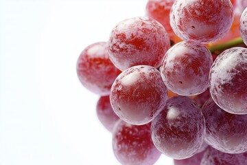 A dynamic 3D of fresh, juicy grapes, shown in close up against a stark white background. The highlights the detailed textures and vibrant colors of the grapes with realistic