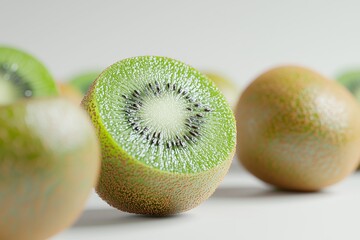 Wall Mural - A dynamic 3D of fresh, juicy kiwis, shown in close up against a stark white background. The highlights the detailed textures and vibrant colors of the kiwis with realistic