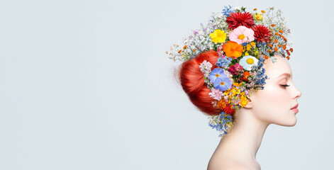 Wall Mural - A woman with a flowery headdress. The flowers are in various colors and are arranged in a way that makes the woman look like she is wearing a crown. The image has a bright and cheerful mood